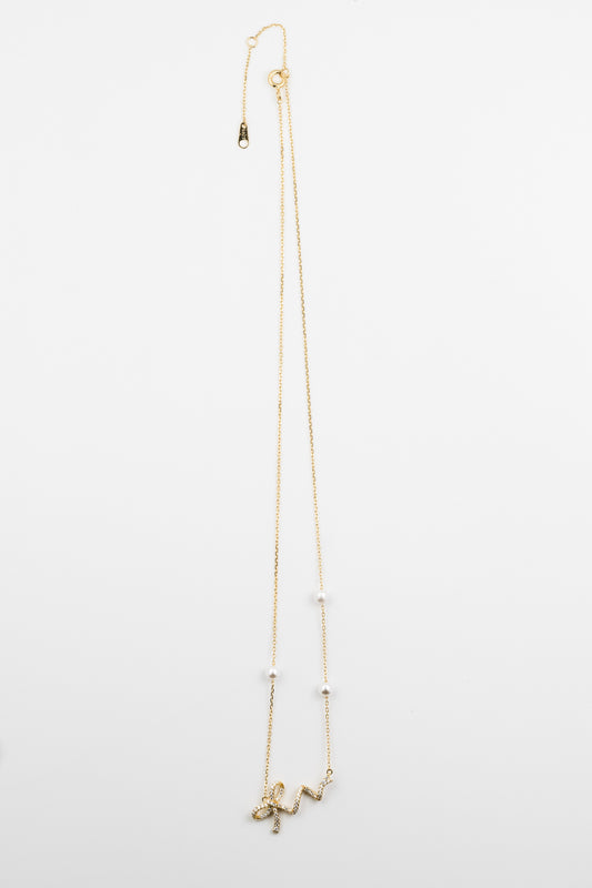 Golden Ribbon Pearl Charm Necklace