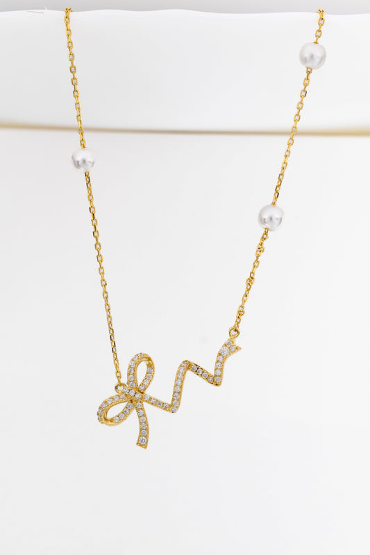 Golden Ribbon Pearl Charm Necklace